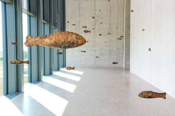 The image shows an installation view of the 48 bronze fishes by Ugo Rondinone inside the Belvedere of Museum Würth 2. 